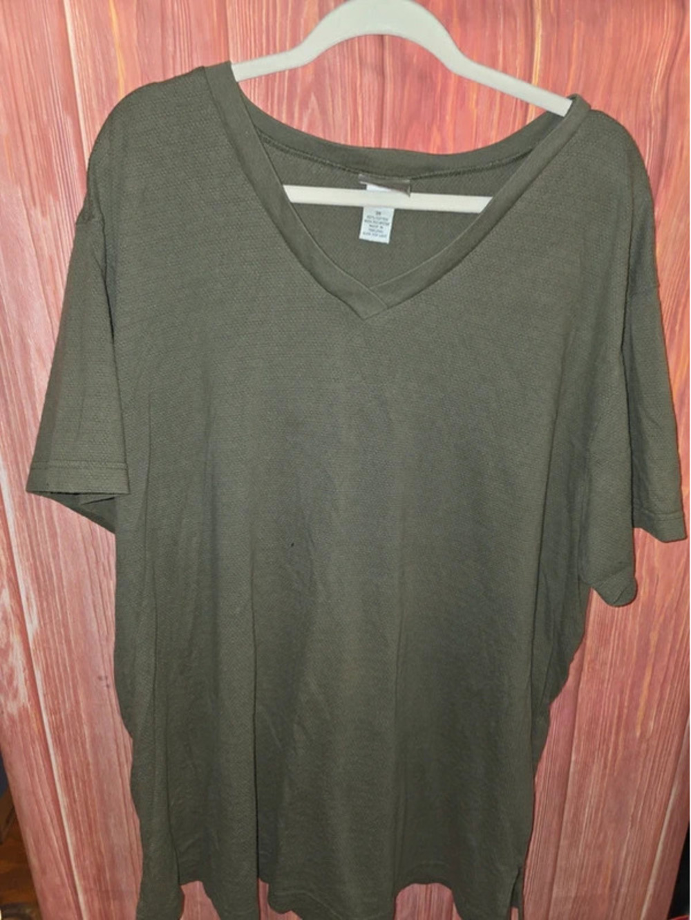 Fashion Bug Vintage Textured Knit V-Neck T-Shirt Top Olive Army Green 3X